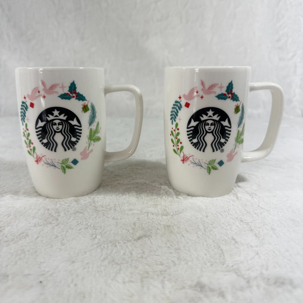2 Starbucks Coffee Mug Siren Christmas Holiday Wreath Cup 8 oz Square Handle